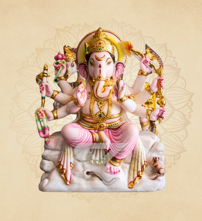 Rajopachara Ashtabhuja Ganesha — SKM-ASH-01 — Marble Ganesha Statue