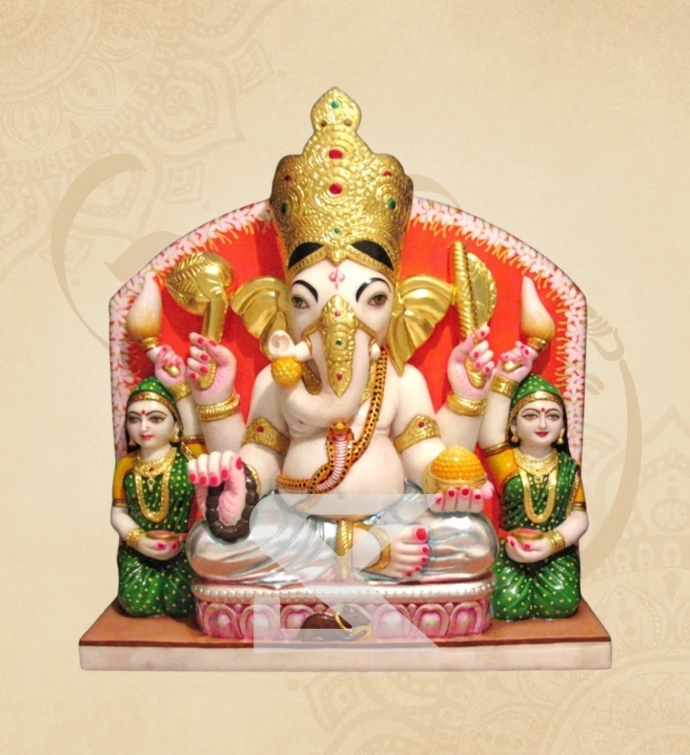 Rajat Mukut Riddhi-Siddhi Ganesha — SKM-RSD-06 — Marble Ganesha Statue