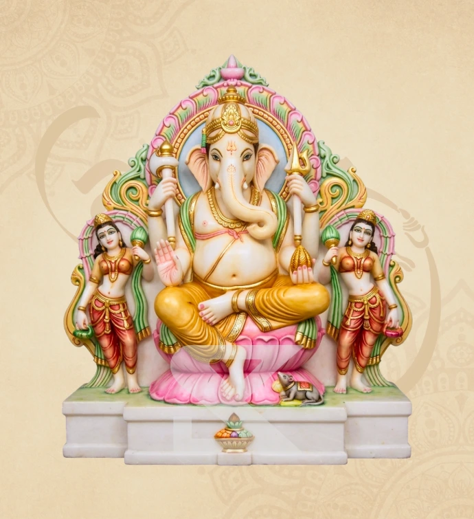 Padma Pushpa Riddhi-Siddhi Ganesha — SKM-RSD-07 — Marble Ganesha Statue