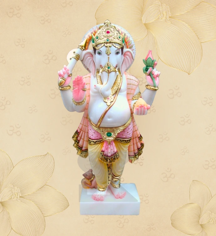 Lotus-Holding Standing Ganesha — SKM-STD-08 — Marble Ganesha Statue