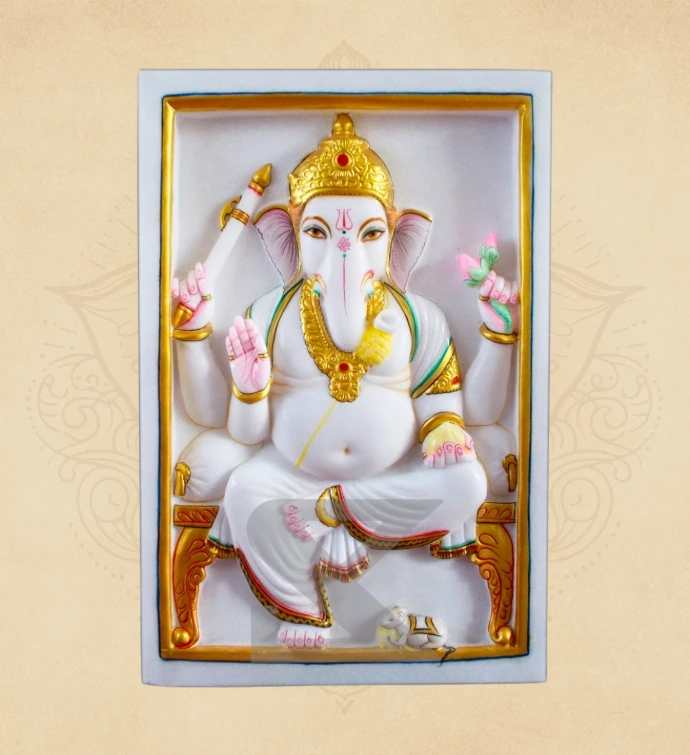 Patti-Chitra Padmasan Ganesha — SKM-PAD-40 — Marble Ganesha Statue