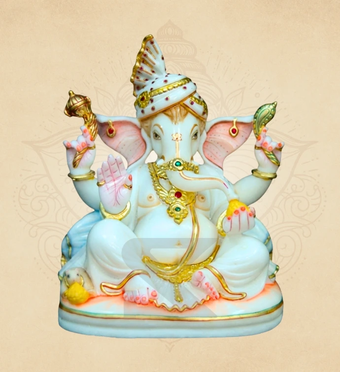 Kalash Mukut Padmasan Ganesha — SKM-PAD-18 — Marble Ganesha Statue