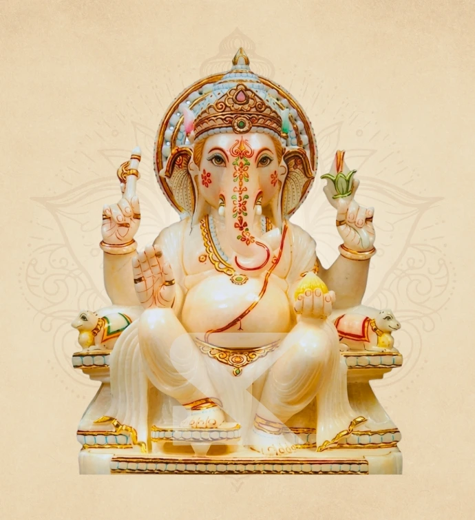 Dwi-Mooshak Padmasan Ganesha — SKM-PAD-36 — Marble Ganesha Statue