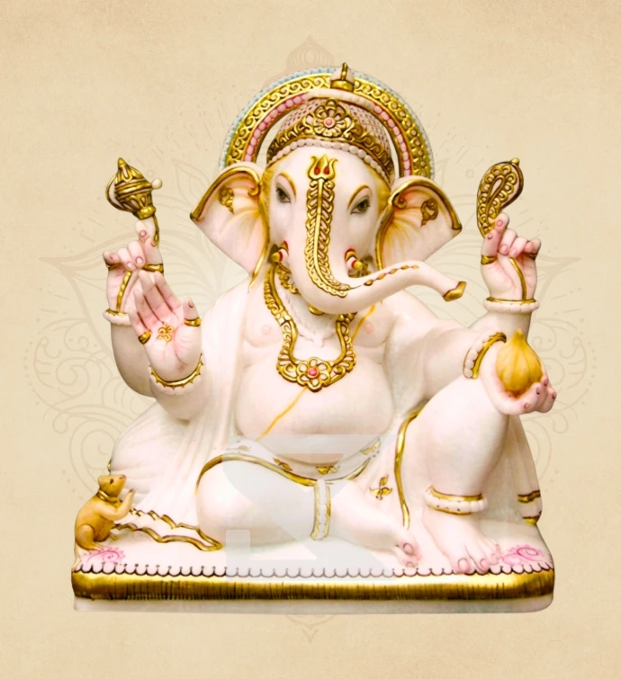 Mooshak Sahit Padmasan Ganesha — SKM-PAD-14 — Marble Ganesha Statue