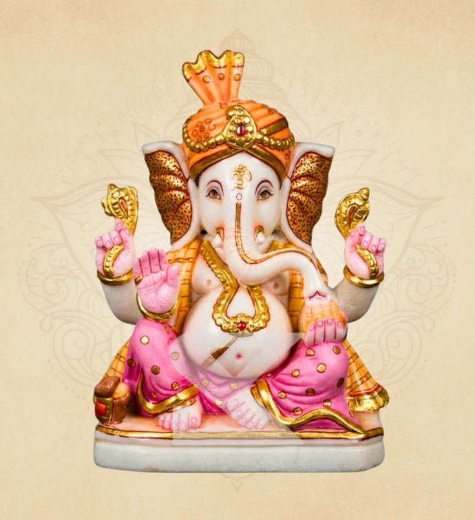 Saffron Pagri Padmasan Ganesha — SKM-PAD-19 — Marble Ganesha Statue