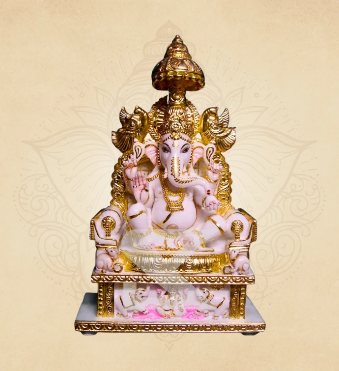 Chhatra-Singhasan Padmasan Ganesha — SKM-PAD-04 — Marble Ganesha Statue