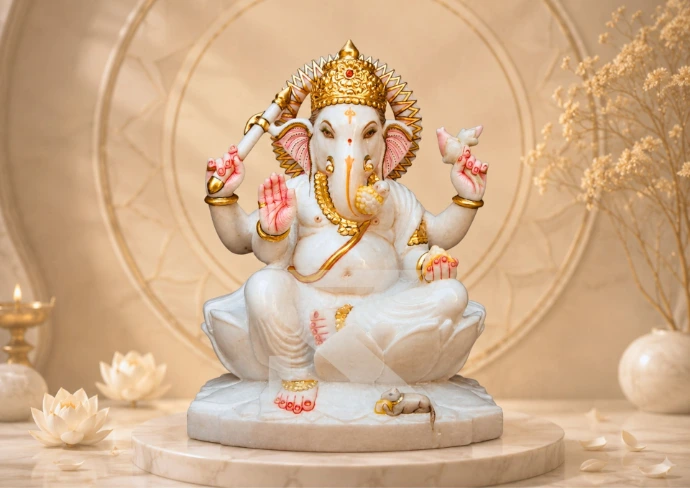 Marble Sitting Ganesha on Lotus — Hero