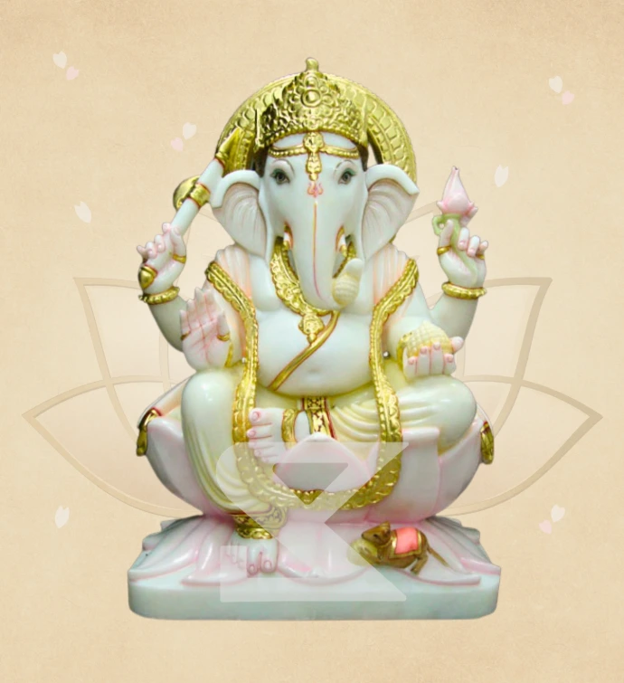 Mukut Prabha Kamalasan Ganesha — SKM-LAL-18 — Marble Ganesha Statue