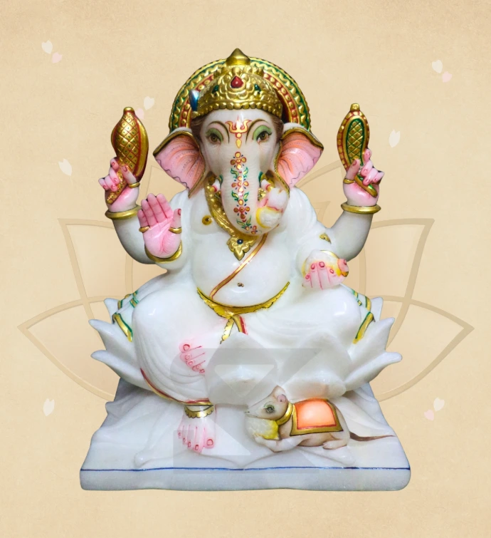 Shvet Kamalasan Ganesha — SKM-LAL-15 — Marble Ganesha Statue