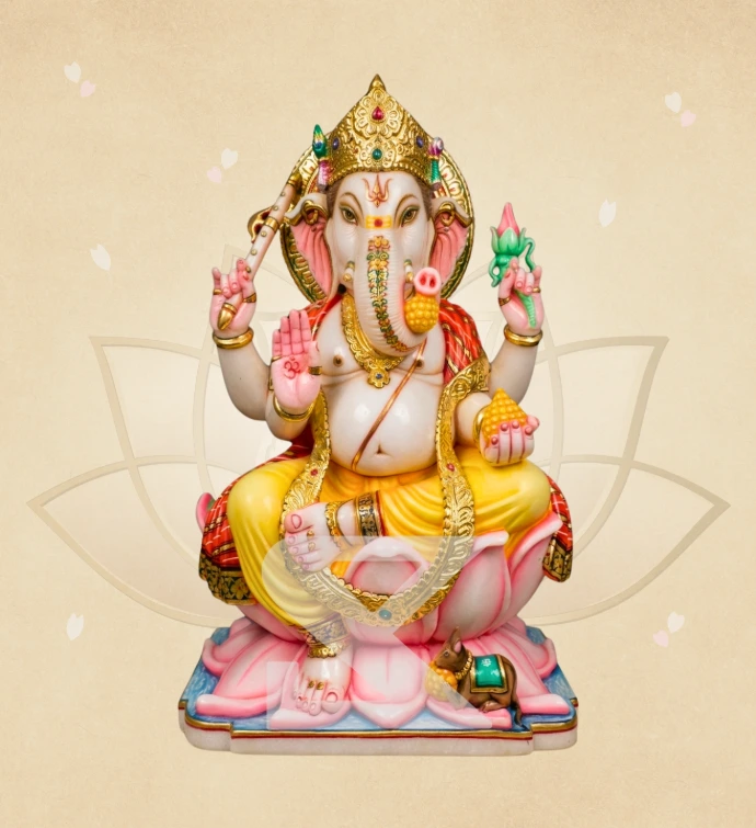 Trishul Tilak Kamalasan Ganesha — SKM-LAL-21 — Marble Ganesha Statue