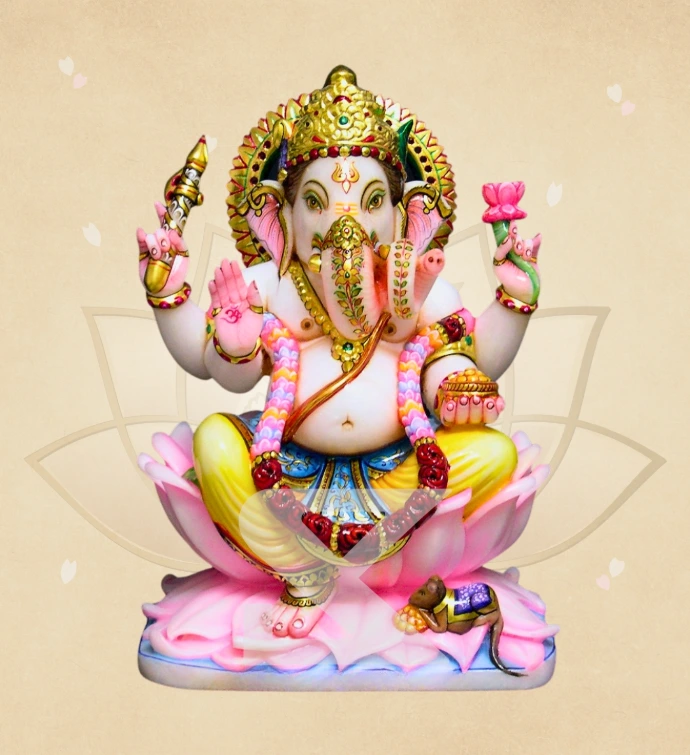 Pushpa Mala Kamalasan Ganesha — SKM-LAL-09 — Marble Ganesha Statue