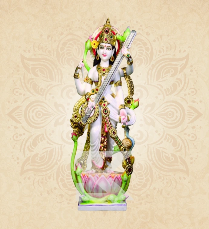 Chaturbhuja Saraswati — Design 02 — SKM-CHT-02 — Marble Saraswati Statue