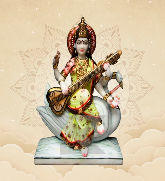 Hamsa Vahini Saraswati — Design 01 — SKM-HMS-01 — Marble Saraswati Statue