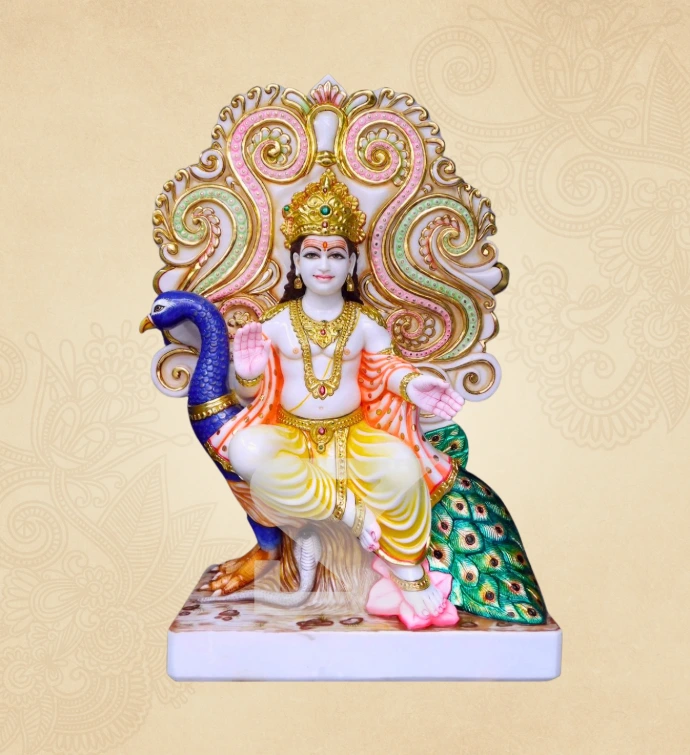 Marble Murugan with Peacock Statue — SKM-MRG-01