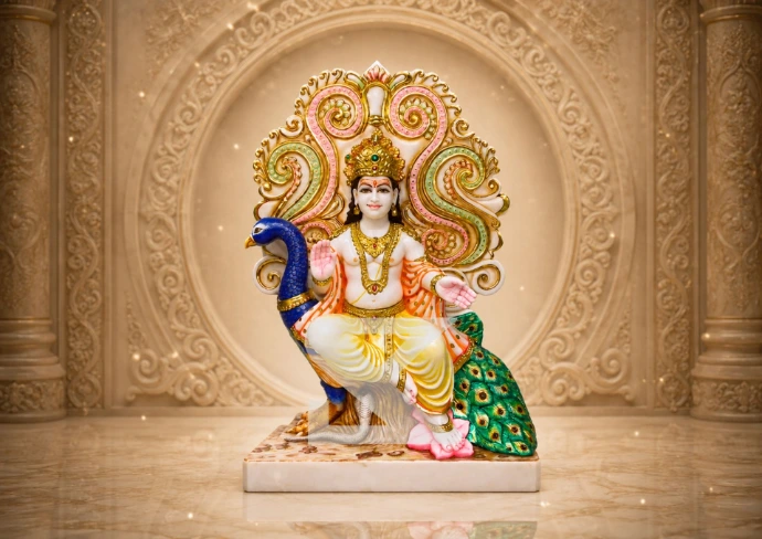 Marble Murugan with Peacock Statue — Hero