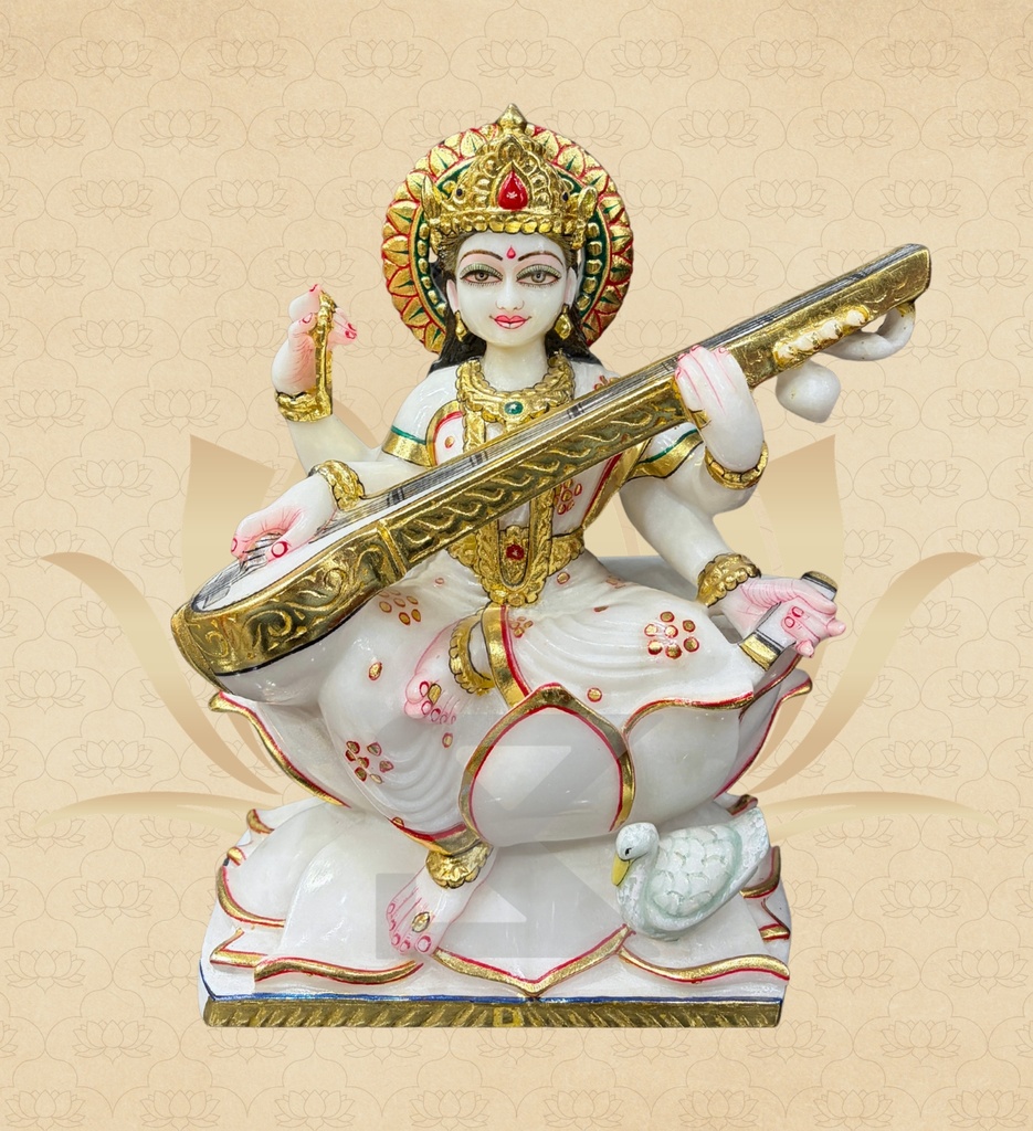 Saraswati Mata Marble Statue – Makrana Marble, 12 Inch